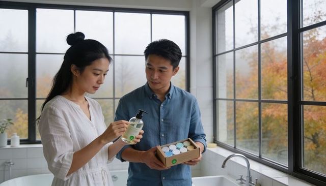 Couple inspecting natural skincare packaging in bright bathroom with bath bomb gift set