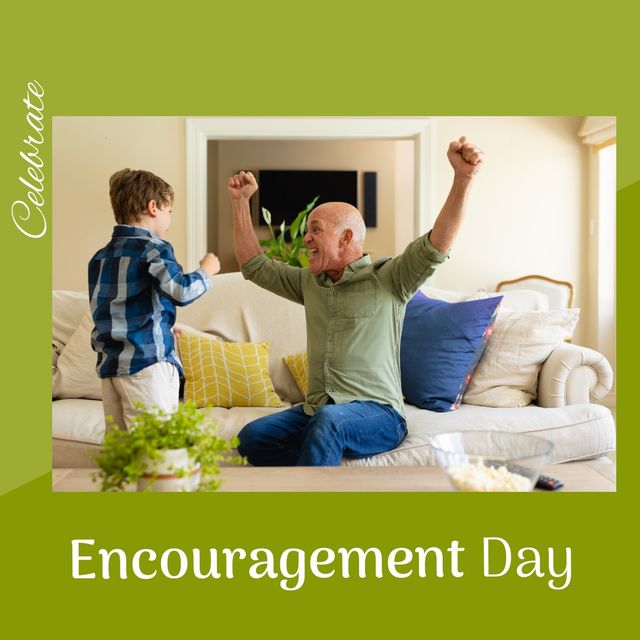 Caucasian senior man and boy with arms raised screaming at home and celebrate encouragement day text. Composite, achievement, family, love, inspire, togetherness, positive emotion and motivation.