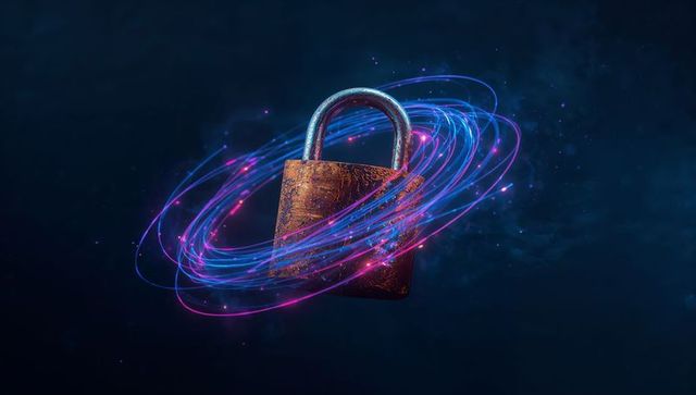 Rusted Padlock with Futuristic Neon Light Trails Against Dark Background