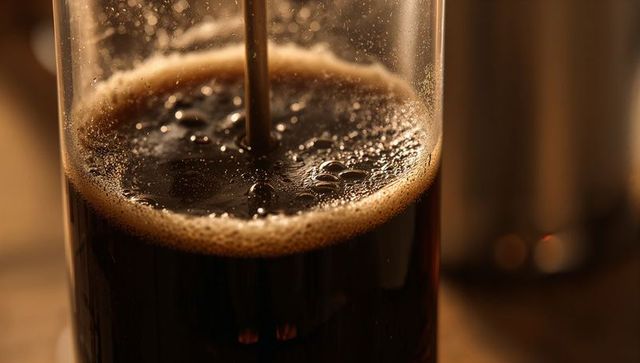 Coffee Swirling in Glass French Press with Foam Detail