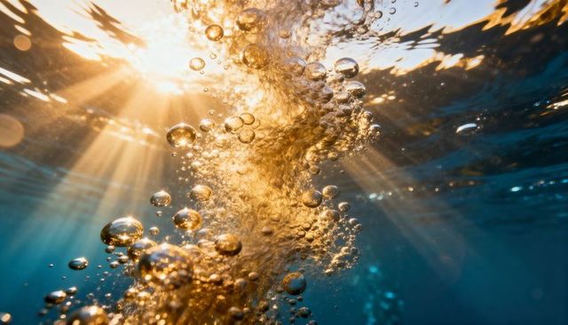 Sunlit golden bubbles rising through turbulent blue water with radiant light rays