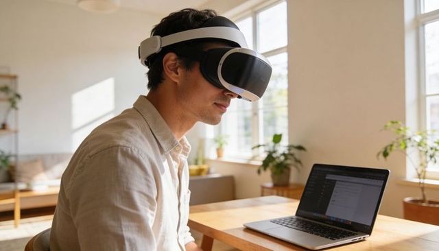 Asian man wearing vr headset working remotely at sunlit home office with laptop