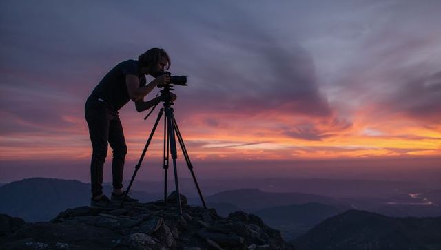 Photographer Adjusting Camera on Tripod at Mountain Summit during Dramatic Colorful Sunset
