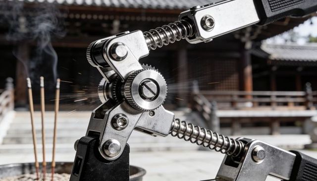 Articulated metal clamp emitting sparks beside burning incense in traditional temple courtyard