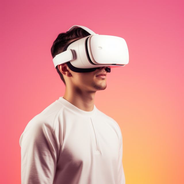 This stock photo features a young man wearing a white virtual reality headset, standing against a vibrant gradient background. The image conveys themes of futuristic technology, innovation, and immersive experiences. Perfect for use in technology blogs, gaming websites, virtual reality advertisements, or educational materials about new tech.