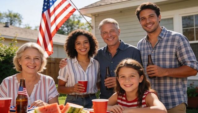 Multigenerational family enjoying backyard picnic with american flag, watermelon and drinks