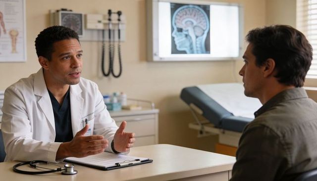 Physician explaining brain scan results to patient in clinic consultation