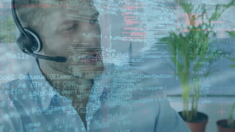 Businessman with Headset and Digital Data Display