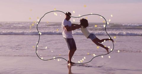 Joyful father and daughter bonding on beach with abstract elements