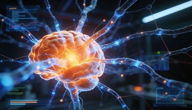 Glowing neural brain with pulsing orange core and holographic data hud for ai visuals