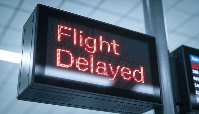Large led gate sign displaying flight delayed message in modern airport terminal concourse