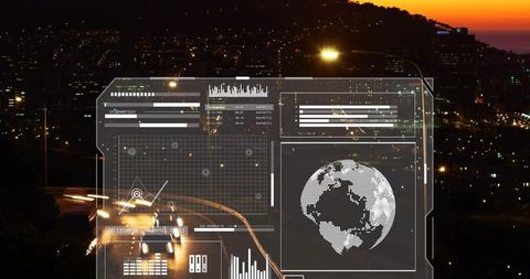 Futuristic HUD Displaying Global Data Over Night City Light Trails and Urban Skyline