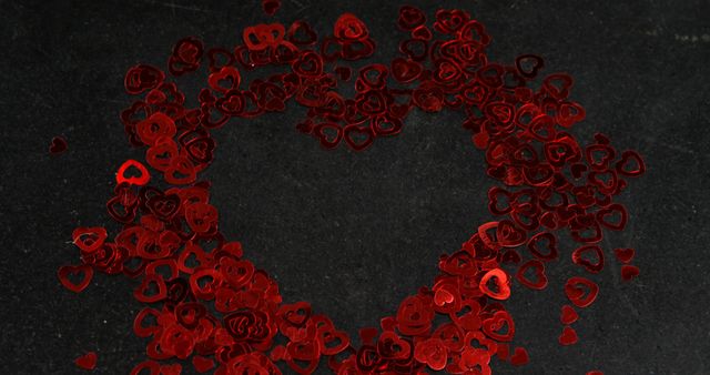 Heart shape confetti on black surface in heart formation. Valentines day concept 4k