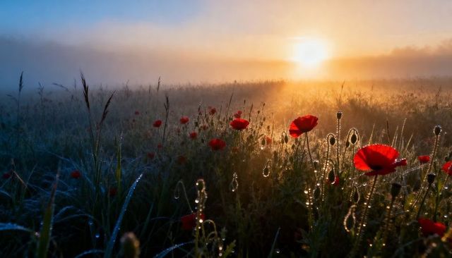 Dawn poppy meadow glowing with dewdrops and misty sunrise backlight, golden haze, vivid red petals