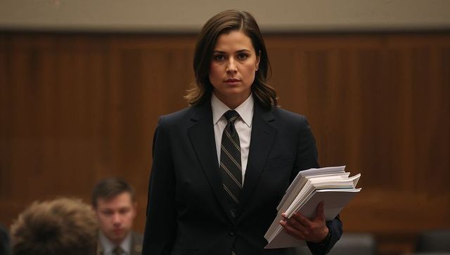 Female lawyer presenting in courtroom holding case files wearing suit and striped tie