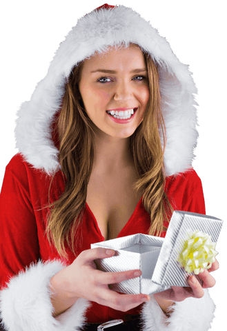 Smiling Woman in Santa Outfit Holding Gift Box Transparent Background