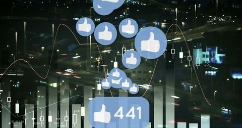 Floating social media icons over data analytics background