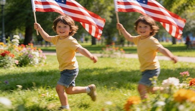 Joyful siblings running and waving american flags through sunny park with colorful flowers