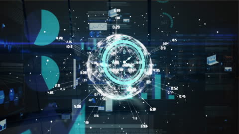 Futuristic Digital Clock Overlaying Data Technology Interface