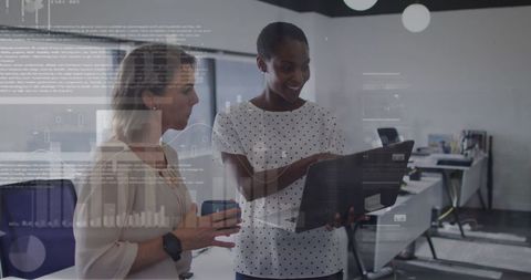 Diverse Business Team Collaborating on Laptop with Data Overlay - Download Free Stock Images Pikwizard.com