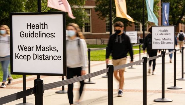 Students wearing masks following health guidelines along university walkway