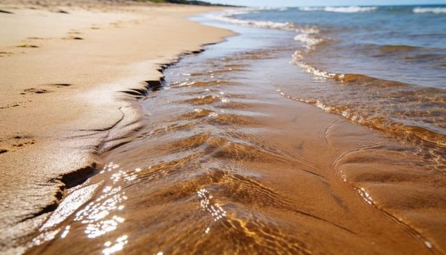 Golden waves lapping shoreline with rippling tidal channel and sunlit sand reflections