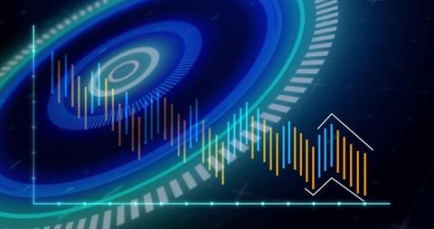 Futuristic hud visualizing neon candlestick market data on circular holographic interface