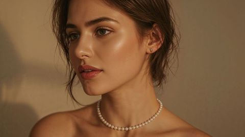 Elegant portrait of beautiful lady with pearl necklace in warm lighting