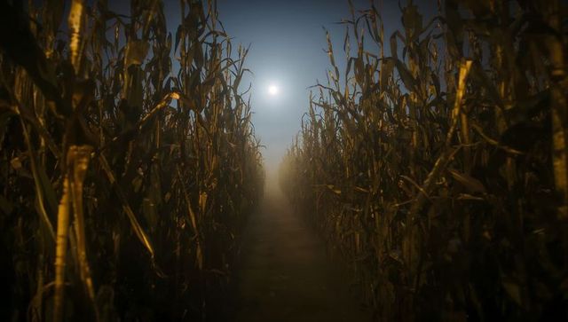 Moonlit path through mysterious cornfield with mist