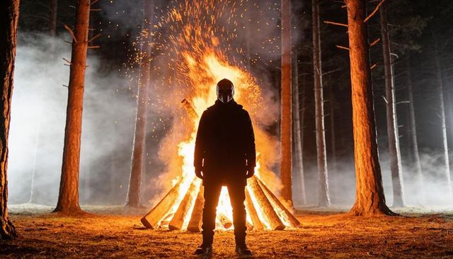 Masked figure standing before roaring bonfire in pine forest at night, eerie silhouette