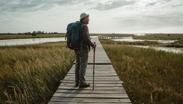 Senior hiker standing on boardwalk carrying teal backpack overlooking coastal marsh