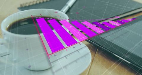 Coffee cup and tablet displaying holographic magenta bar chart showing business growth on desk