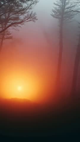 Pulsing warm glow filling foggy forest at dawn, vertical cinematic loop for moody scenes