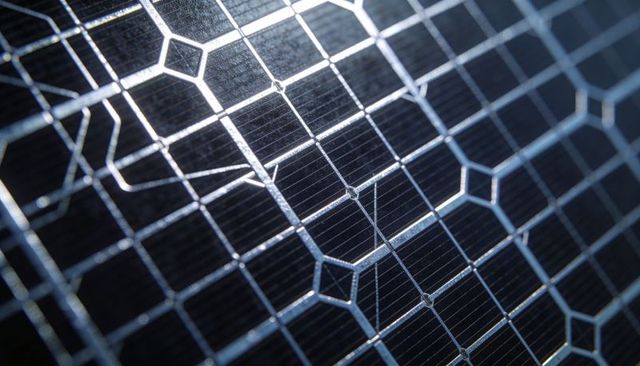 Closeup Solar Cell Surface Catching Bright Highlights on Geometric Photovoltaic Busbar Grid