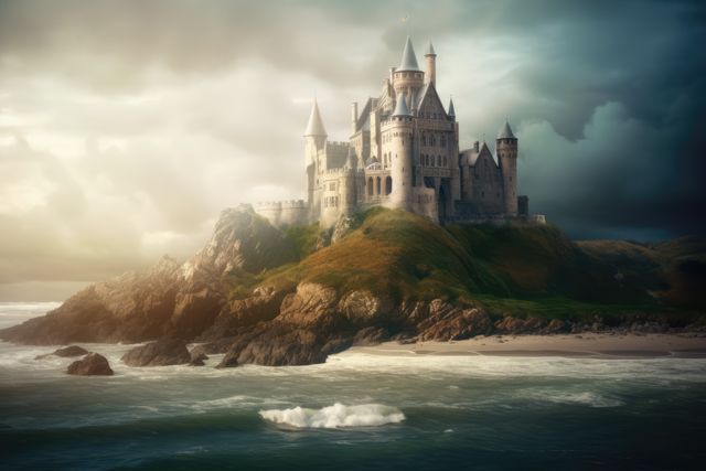 Stormy sky over castle on rocky and green island in sea, created using generative ai technology - Download Free Stock Photos Pikwizard.com