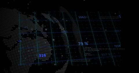 Rotating holographic globe hud with digital grid and futuristic analytics interface panel