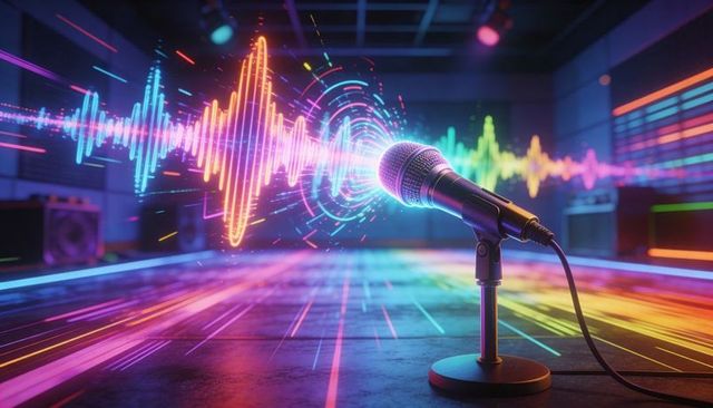 Neon microphone emitting multicolor soundwave in futuristic recording studio scene