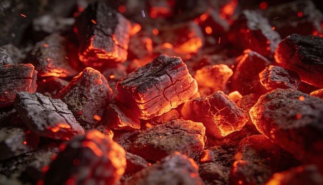 Glowing charcoal embers radiating intense heat and sparks close-up macro texture