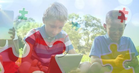 Children Using Tablets Amidst Puzzle Piece Overlay Illustrating Lifelong Learning - Download Free Stock Images Pikwizard.com