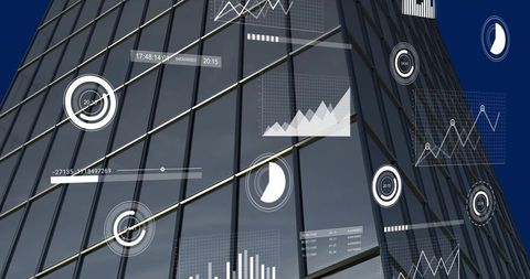 Skyscraper glass facade showing translucent financial dashboards and data visualizations