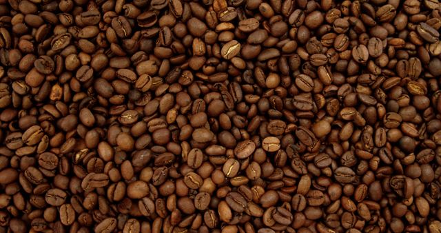 A close-up view of roasted coffee beans creates a textured background, with copy space. Coffee enthusiasts often appreciate such images that evoke the aroma and flavor of freshly brewed coffee.