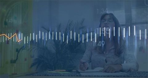 Woman writing notes at desk with audio waveform overlay for tech and creative concepts