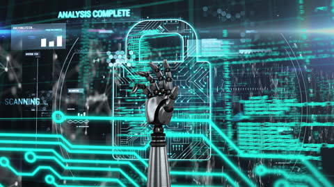 Robotic Hand Interacts with Futuristic Digital Interface