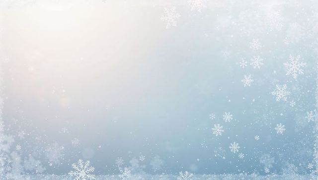 Shimmering snowflakes drifting over frosted blue gradient background with bokeh glow