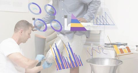 Clinician adjusting bandaged lower limb in clinic with overlaid digital medical charts