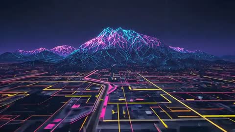 Gliding Camera Capturing Neon Grid Cityscape Leading to Wireframe Mountains in Cyberpunk Night