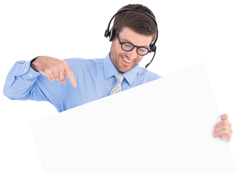 Businessman with Headset Displaying Blank White Card Transparent Background - Download Free Stock Videos Pikwizard.com