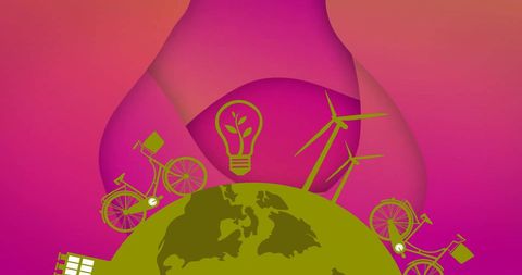 Eco Symbols on Globe with Bold Pink Abstract Background