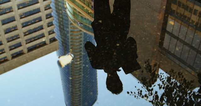 Silhouette of a businessman is reflected in a puddle with skyscrapers and office buildings in the background. The urban scene with modern architecture highlights the busy corporate life of the city. This image is perfect for use in business-related projects, urban lifestyle presentations, marketing materials, and articles about city life and corporate environments.