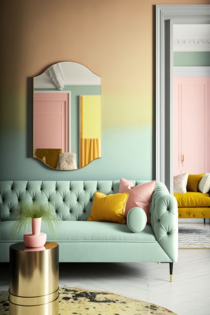 Green retro sofa with cushions and mirror, created using generative ai technology. Interior design, feminine, pastel colours and vintage home decoration concept digitally generated image.